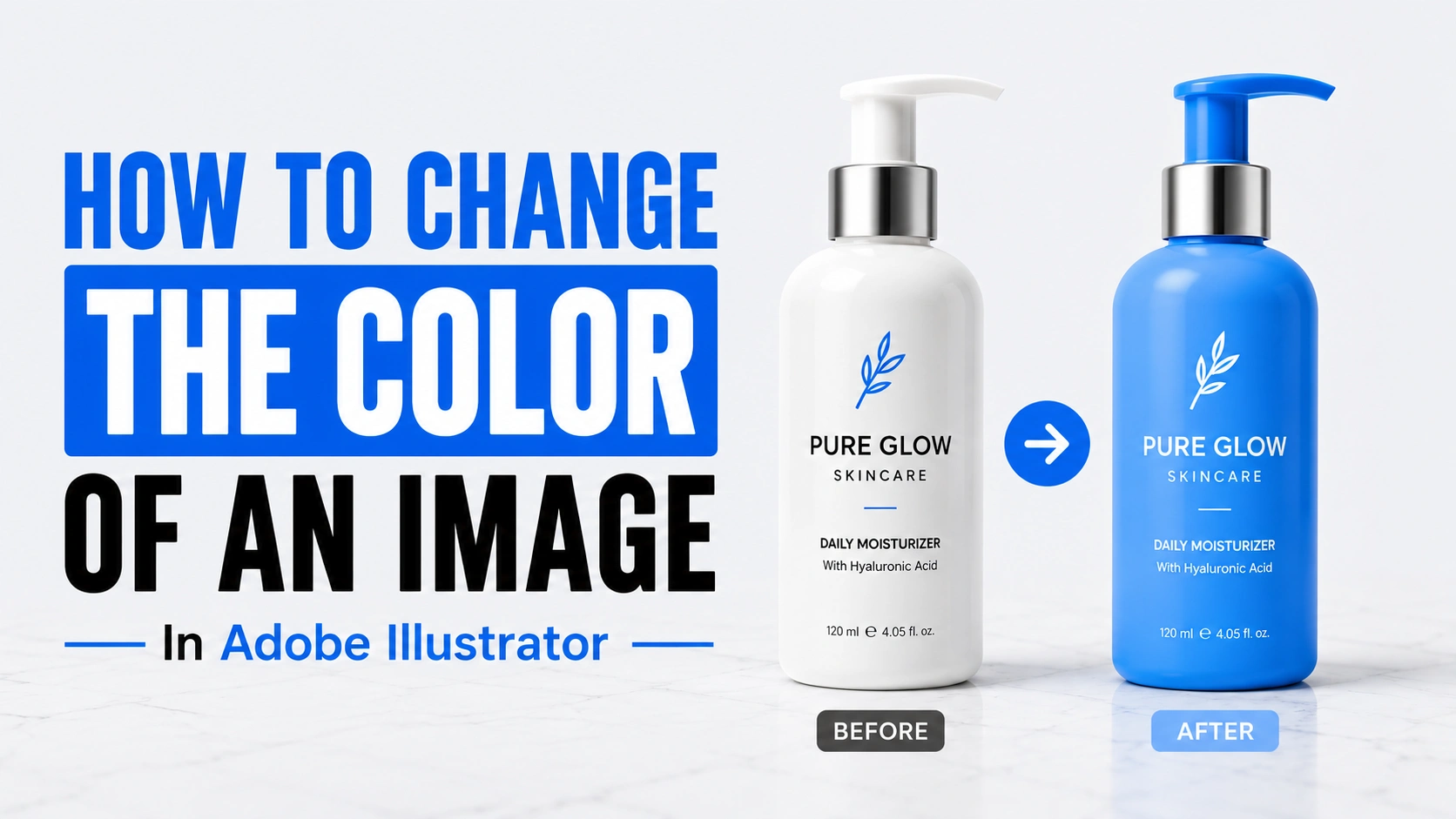 how-to-change-the-color-of-an-image Before and after example showing how to change the color of an image in Adobe Illustrator using a white skincare bottle transformed into a blue bottle.
