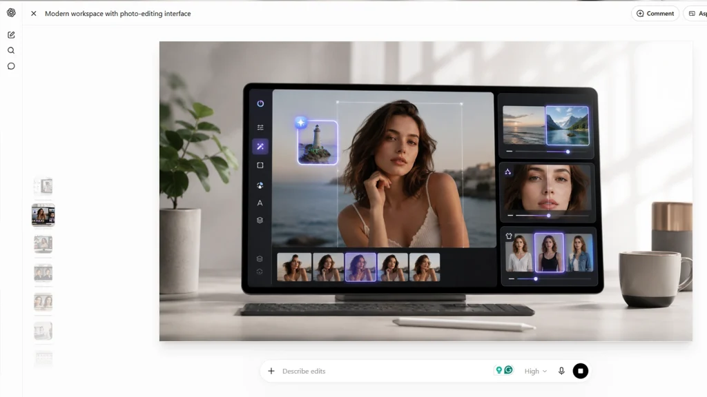 ChatGPT image editor interface showing selection tools, editing controls, and AI-powered photo editing workflow.
