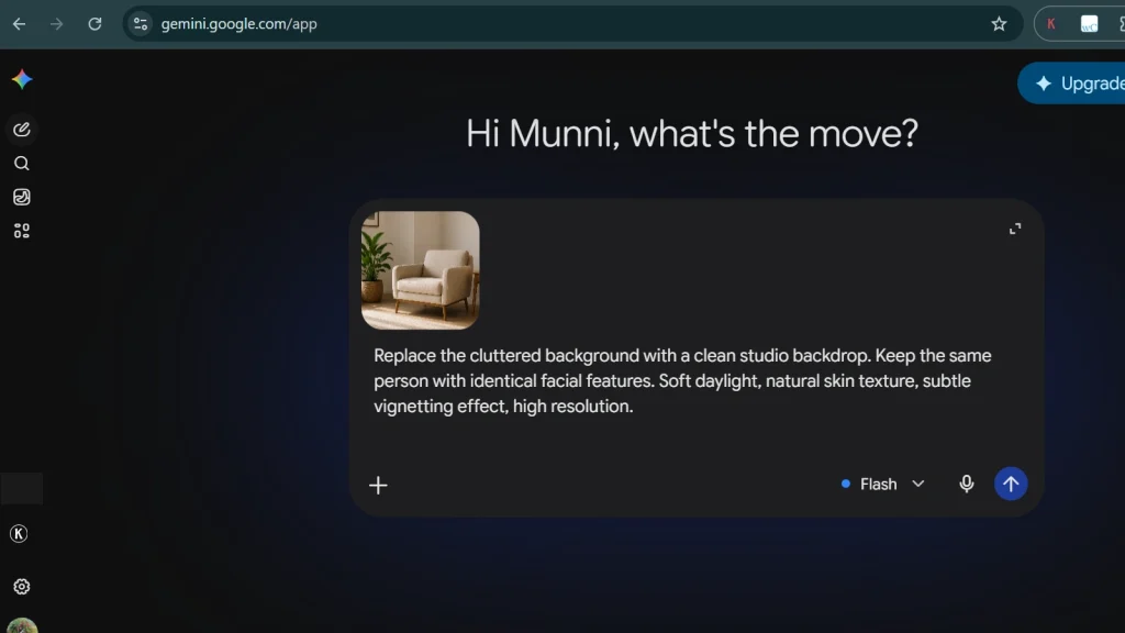 Screenshot of the Gemini app interface showing an uploaded image and a detailed AI photo editing prompt before generating an edited result.