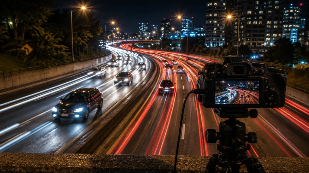 Camera capturing long-exposure car light trails on a busy highway at night.