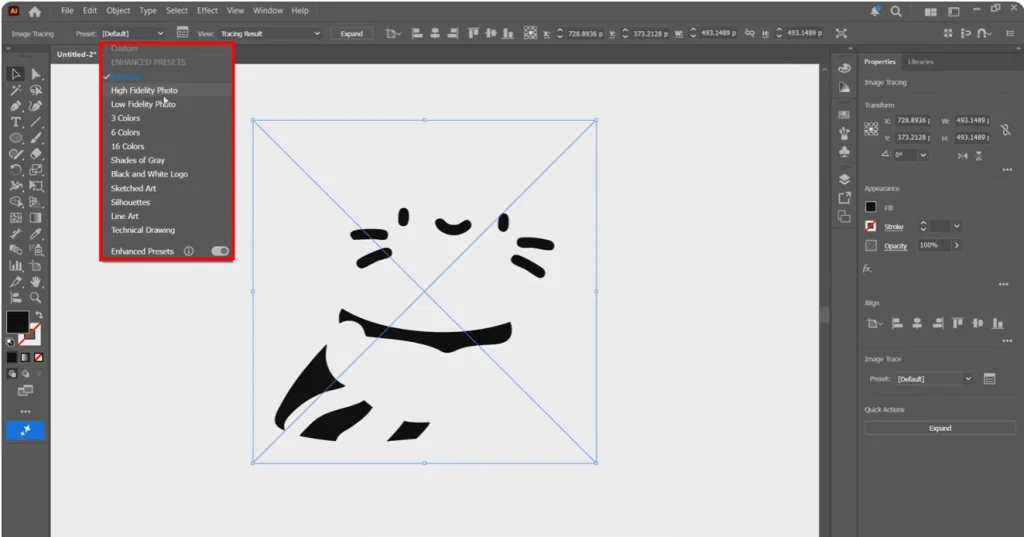 adobe illustrator image trace presets panel step 2 converting raster to vector