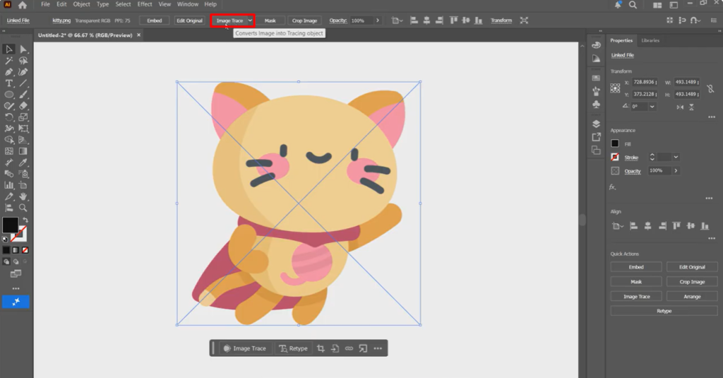 Adobe Illustrator interface highlighting the Image Trace button for converting a raster image into vector artwork.