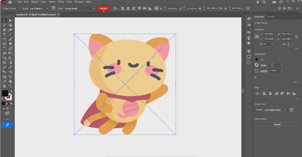 Traced image expanded into editable vector shapes in Adobe Illustrator with Properties panel visible.