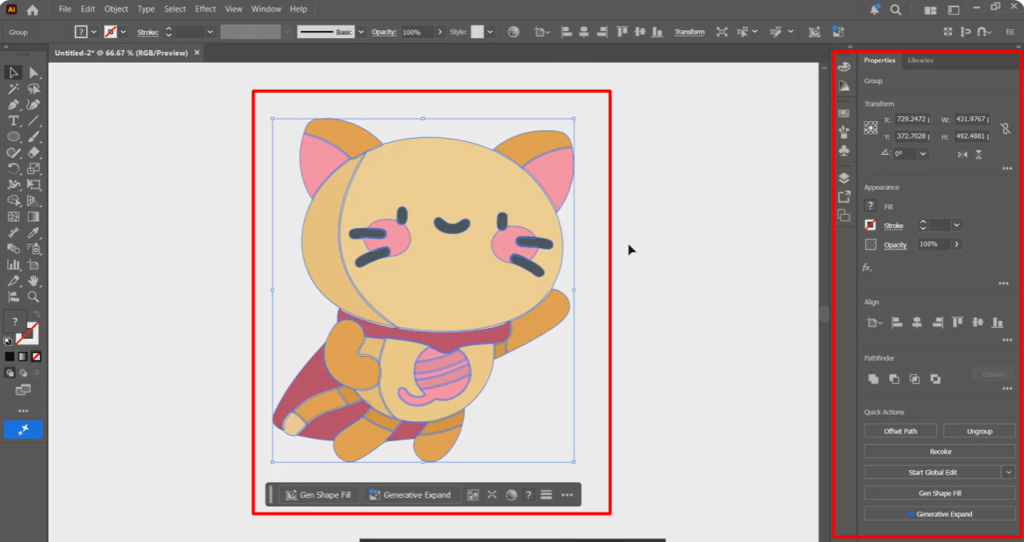 Adobe Illustrator showing the Expand button used to convert traced artwork into editable vector paths.