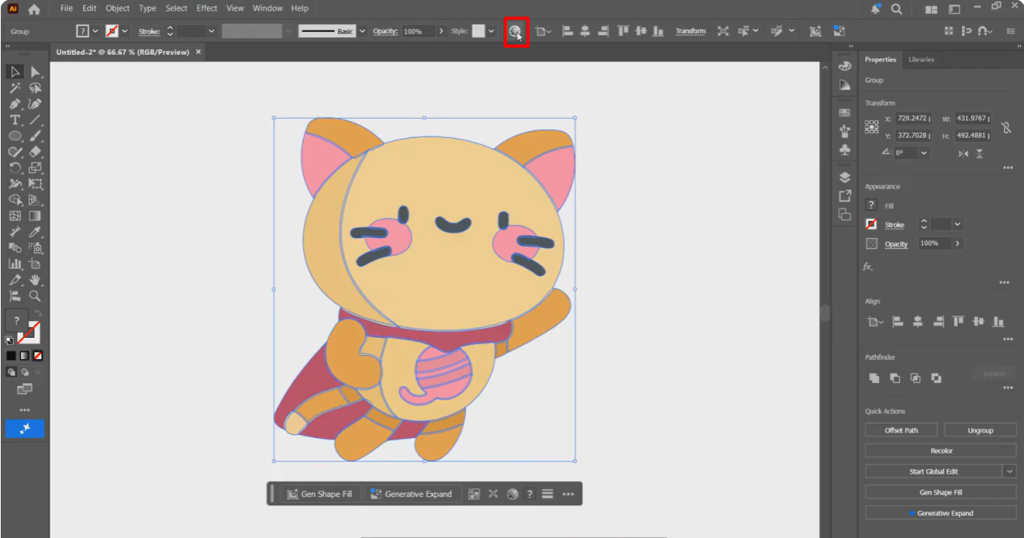 Adobe Illustrator toolbar highlighting the Recolor Artwork tool for changing vector image colors.