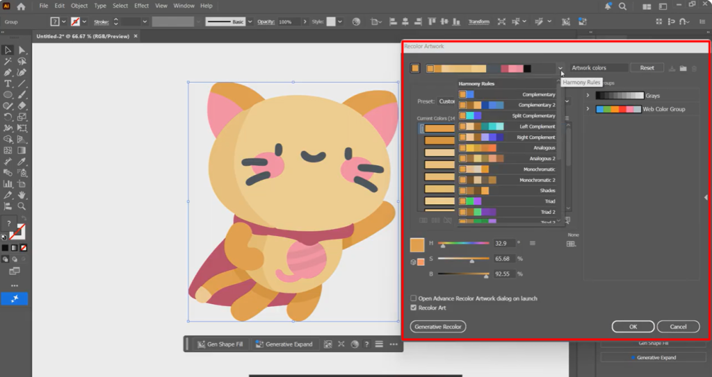 Advanced Recolor Artwork dialog in Adobe Illustrator displaying harmony rules and color adjustment options.
