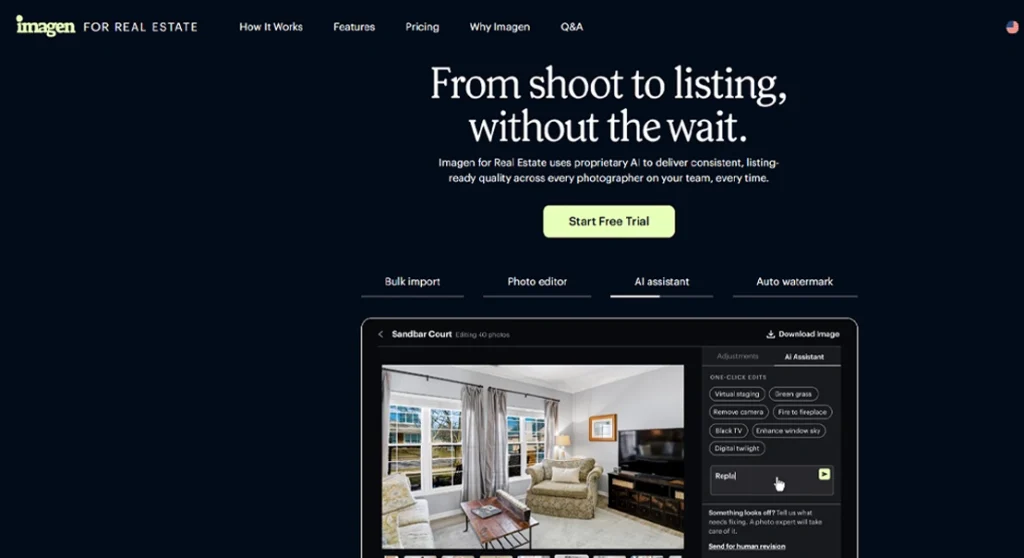 Imagen AI interface showing bulk import, photo editing, and AI-assisted real estate image enhancement