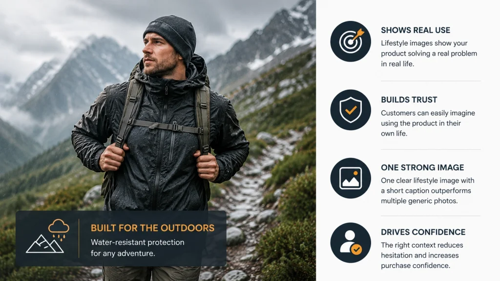 Lifestyle image example showing an outdoor jacket in real-world use to build customer trust and product confidence.