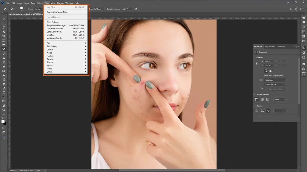 Photoshop portrait-retouching workflow used to smooth skin while preserving natural texture