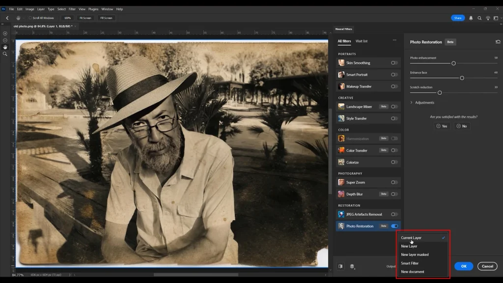 Setting Neural Filter output to New Layer in Photoshop for safe editing