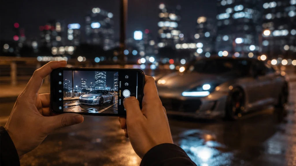 Smartphone photographing a sports car at night with city lights in the background.