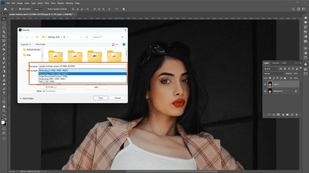 Photoshop Save As dialog showing PSD format for non-destructive photo editing