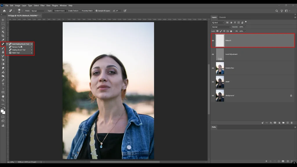 Spot Healing Brush and retouching tools used to remove blemishes in Photoshop