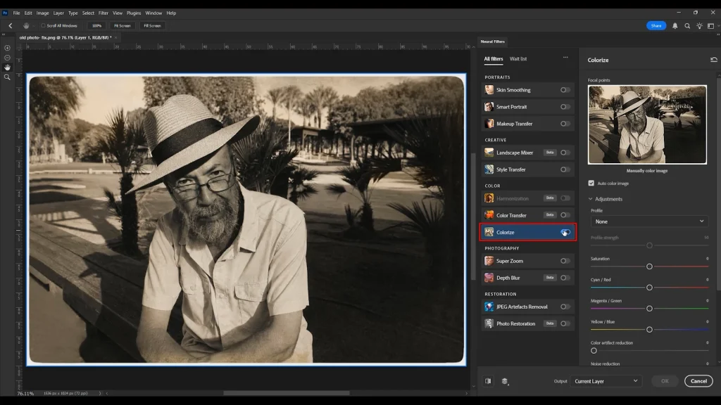 Using Colorize Neural Filter in Photoshop to add natural colors to black and white old photo