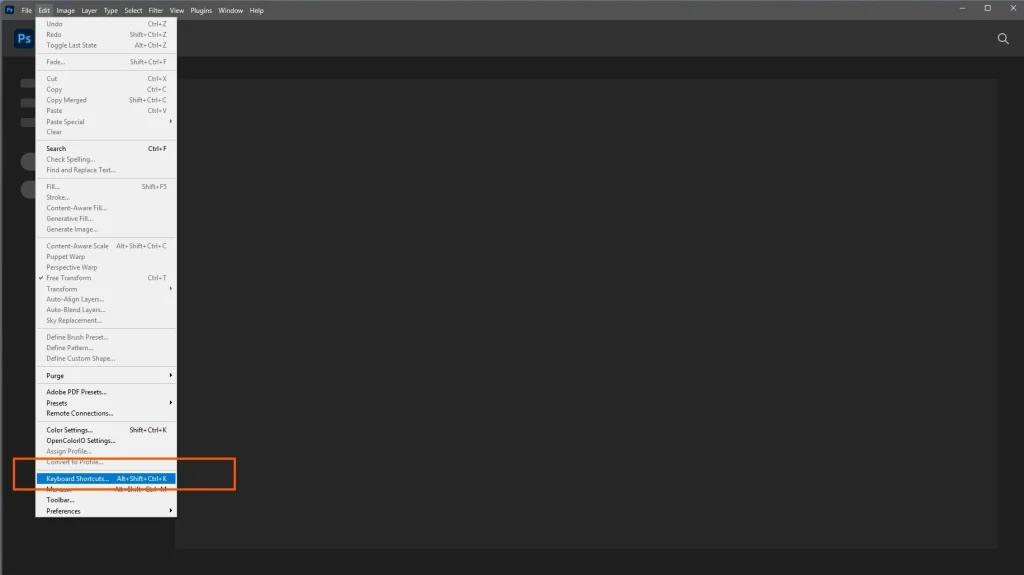 Photoshop Edit menu highlighting the Keyboard Shortcuts option