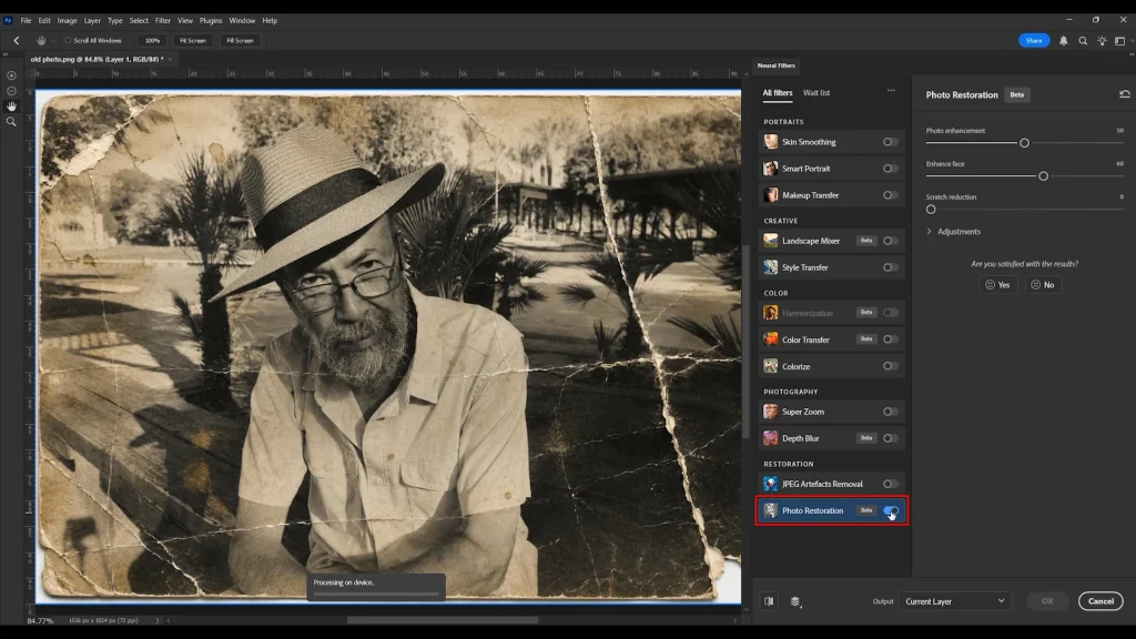 Photoshop Photo Restoration Neural Filter applied on old damaged photo