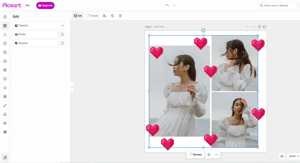 PicsArt editor showing a portrait collage with layout, sticker, opacity, and shadow controls