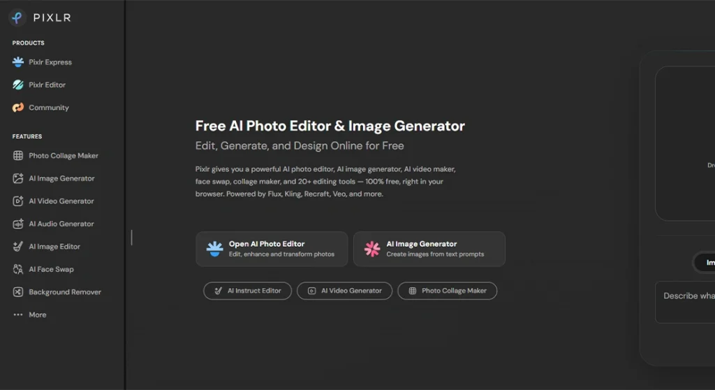 Pixlr interface offering free AI photo editing, image generation, background removal, and collage tools