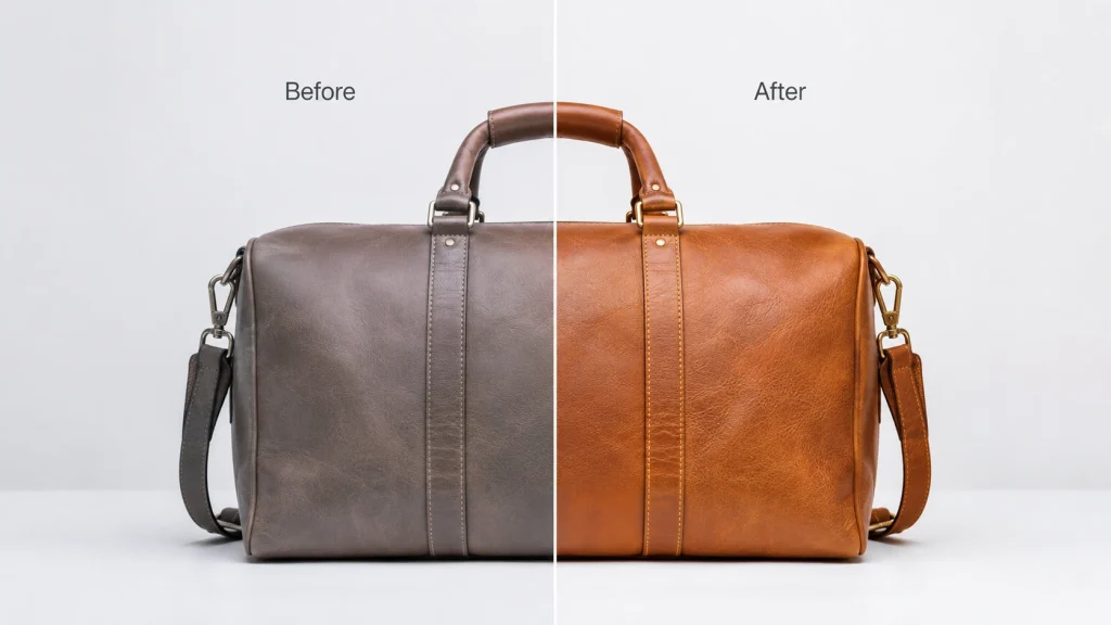 Leather duffel bag before and after product color correction from gray cast to accurate brown