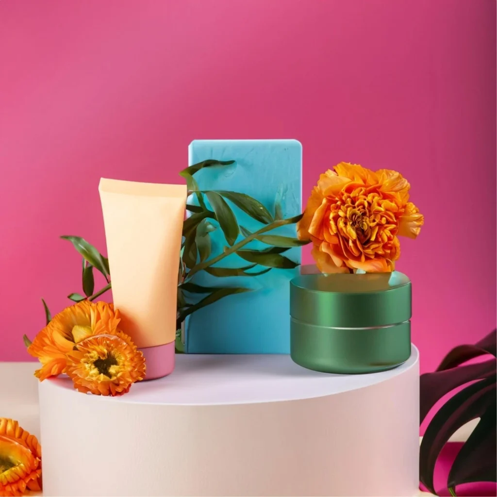 Skincare product image system with coordinated packaging and colorful branding elements.