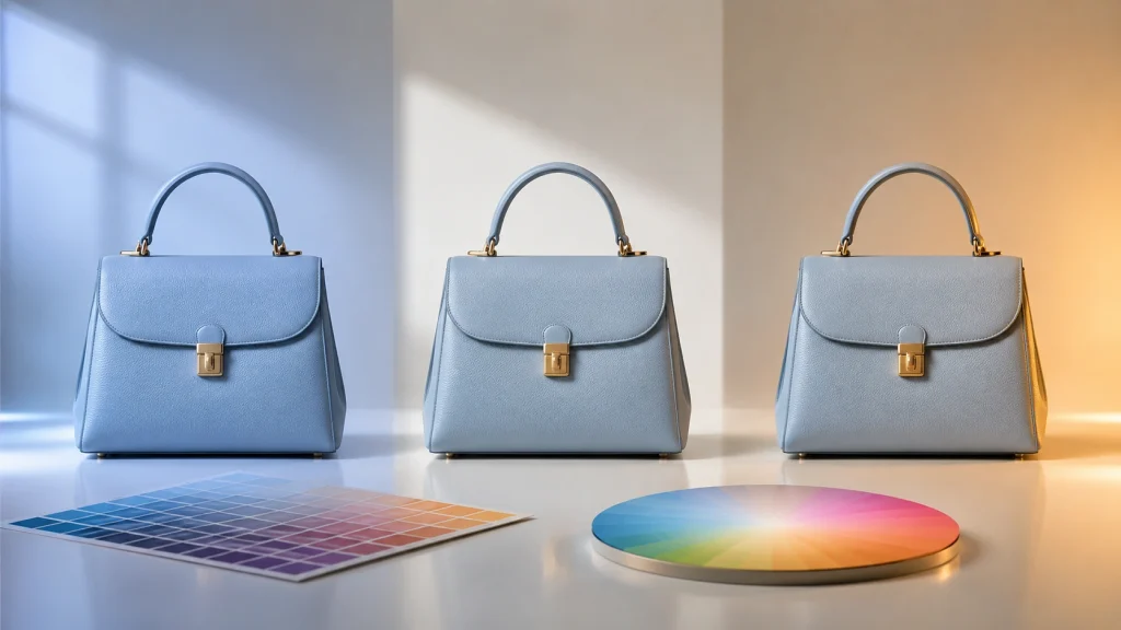 Same blue handbag under cool, neutral, and warm lighting to demonstrate color science