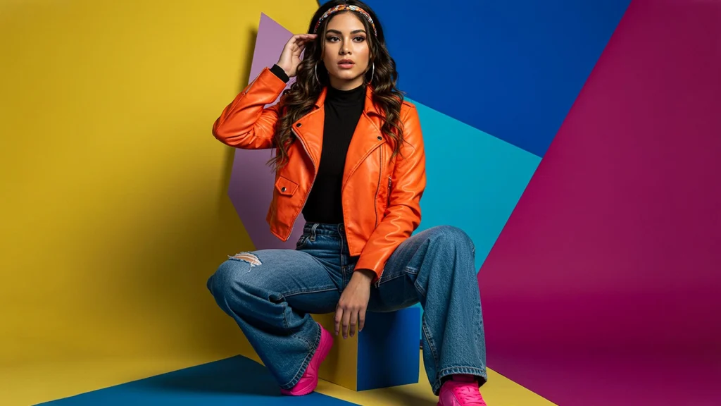 Fashion model wearing an orange jacket in a colorful commercial studio photoshoot