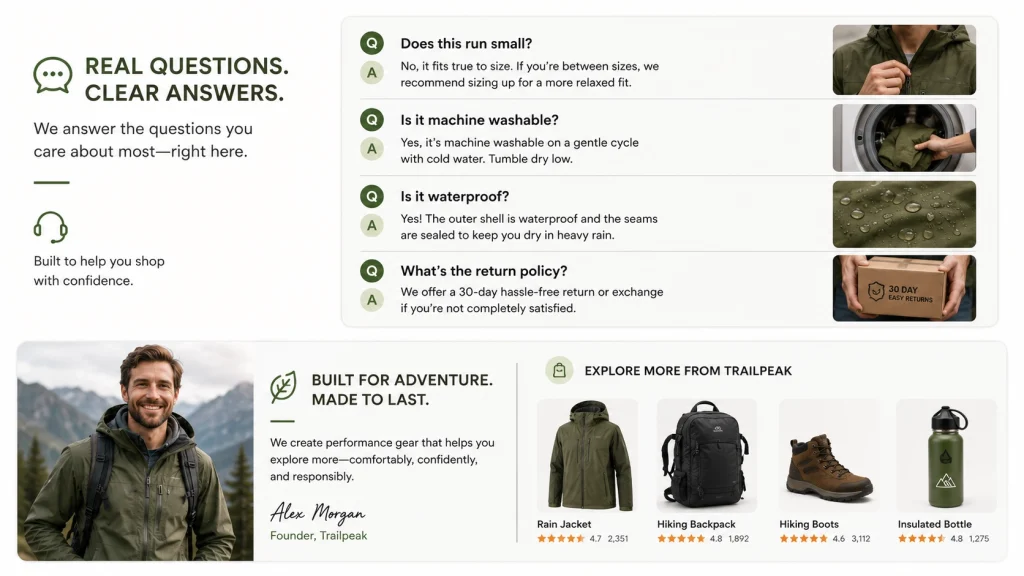 Amazon Q&A module example answering common customer questions with supporting product images.