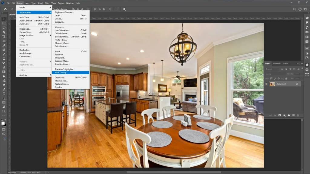 Photoshop HDR Toning option displayed over a bright real estate interior photo