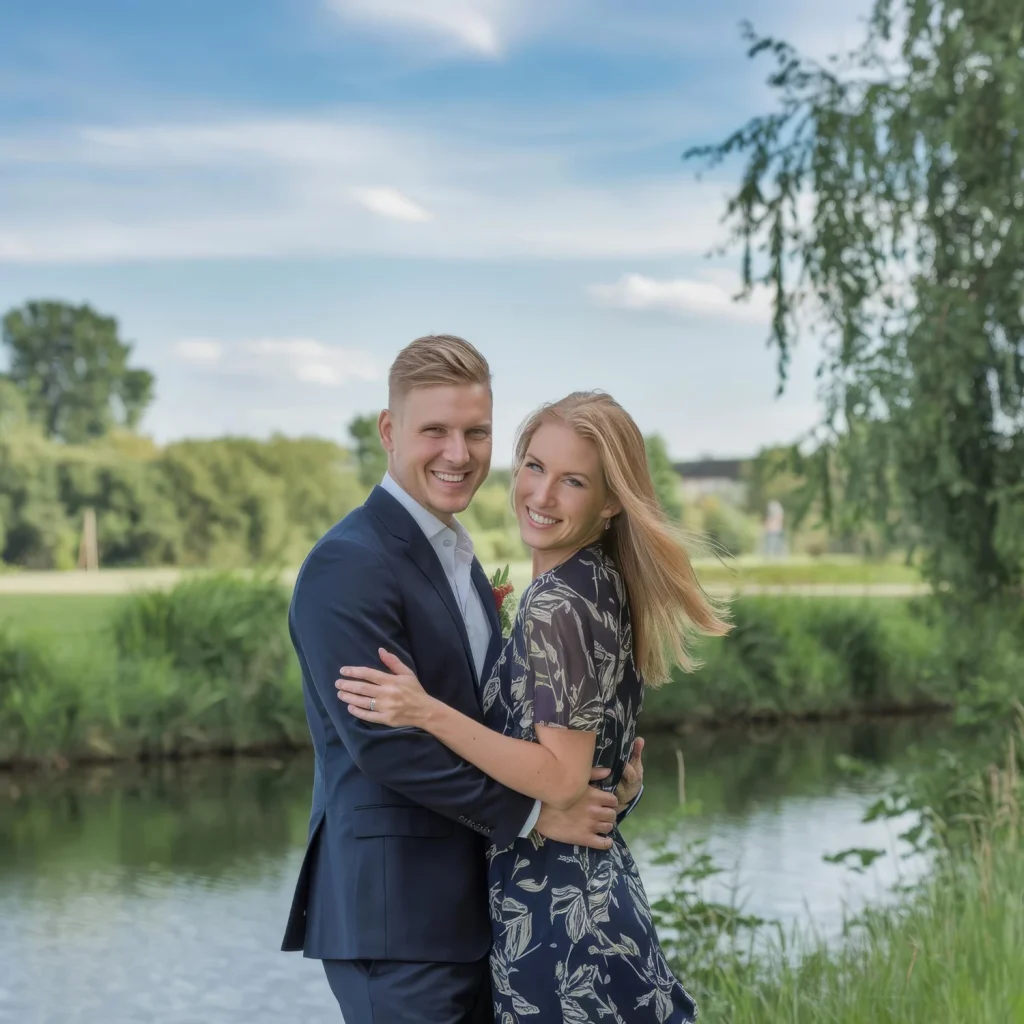 A smiling couple embraces beside a calm pond under a pale blue sky with soft clouds.