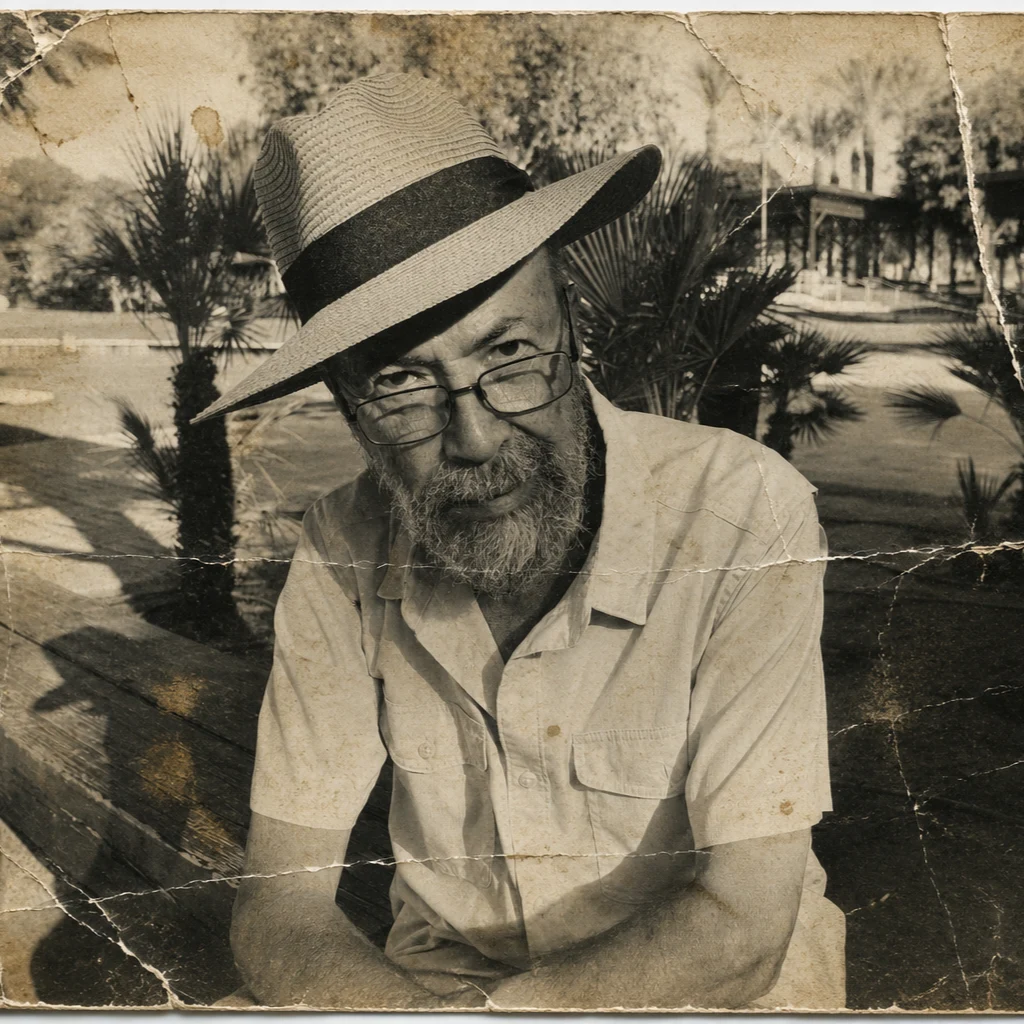 A damaged sepia photograph shows an elderly bearded man wearing glasses and a wide-brimmed hat outdoors.
