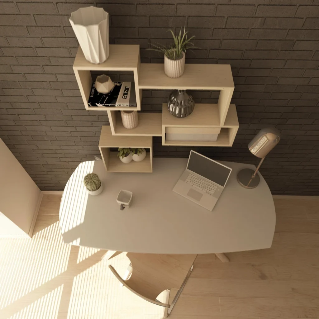 Modern workspace photographed from above to demonstrate scale and product placement.