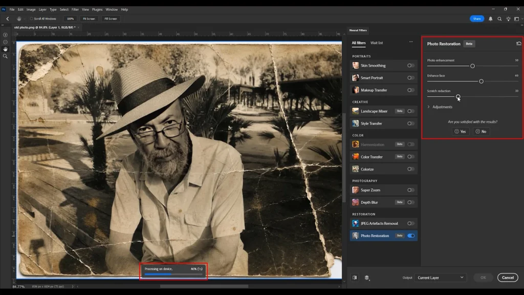 Adjusting Scratch Reduction slider in Photoshop Photo Restoration Neural Filter