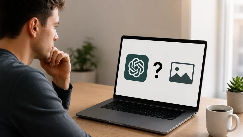 Person deciding whether to use ChatGPT for photo editing while viewing the ChatGPT logo and image editing icon on a laptop.