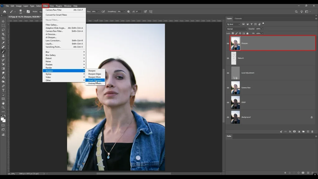 Smart Sharpen filter settings applied as the final step of photo editing