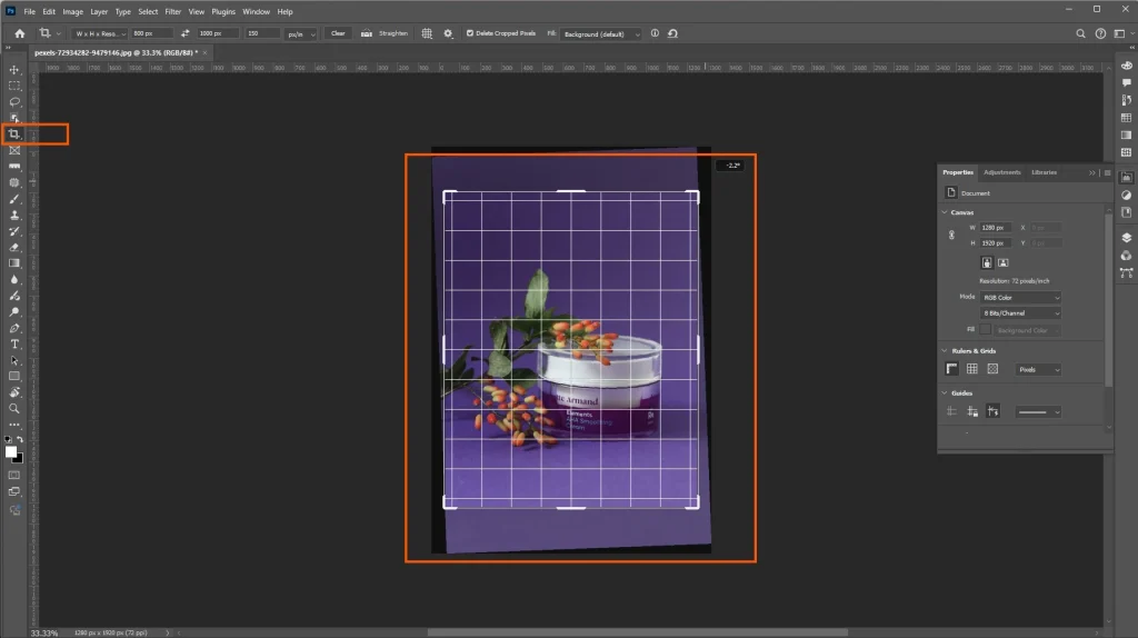 Photoshop Crop Tool straightening and cropping a tilted product image