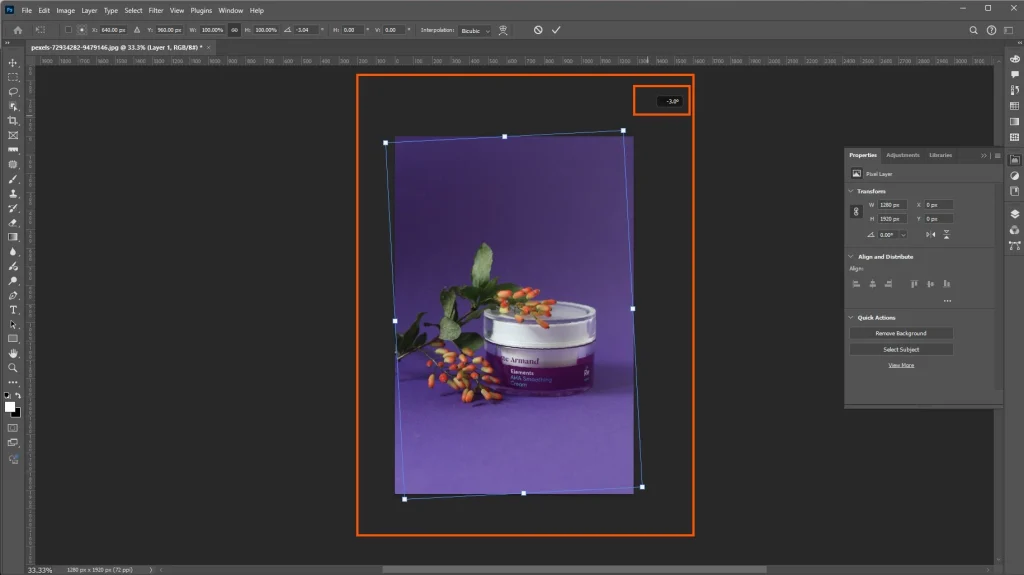 Photoshop Transform controls rotating a product photo to correct its alignment