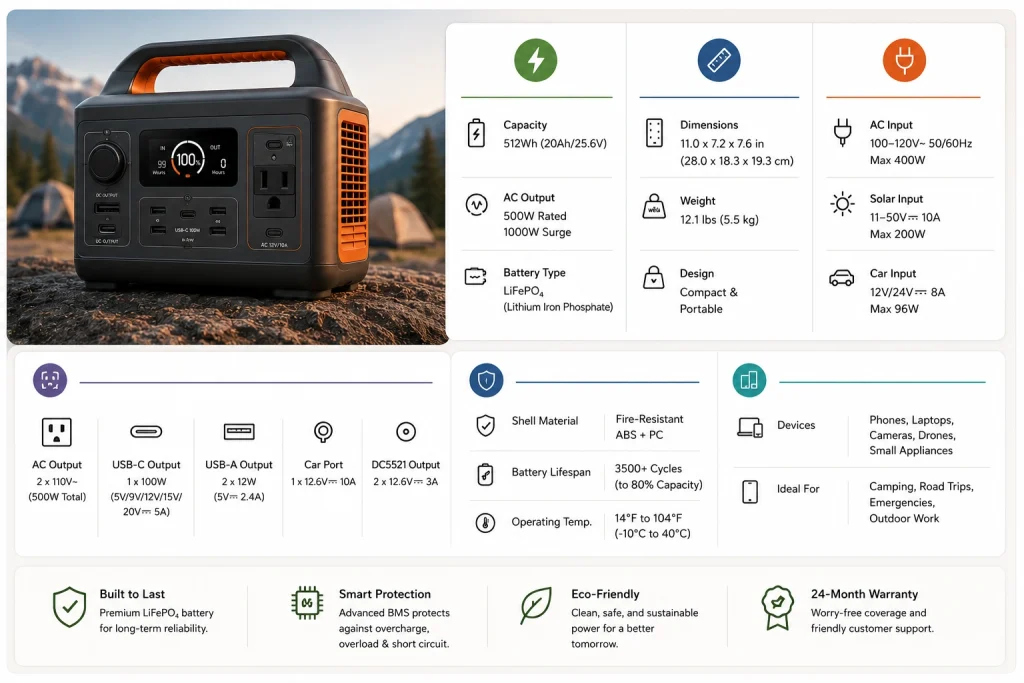 Technical specifications module example displaying product dimensions, battery capacity, ports, and key specifications.