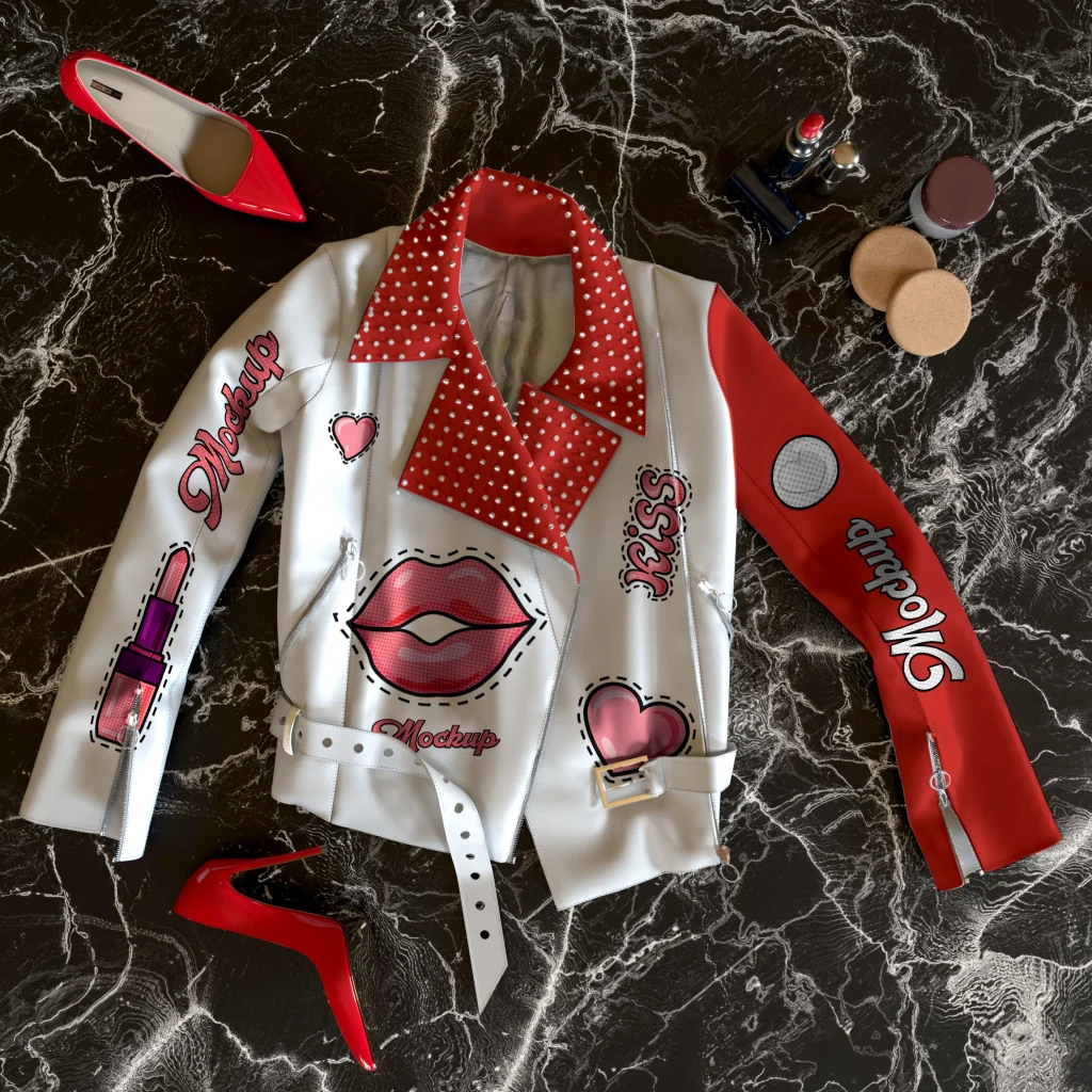 Flat lay fashion product photography with jacket, shoes, and accessories showing accurate colors.