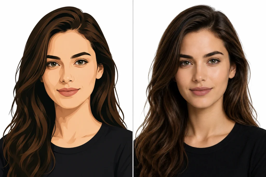 Comparison between a vector portrait illustration and a realistic raster portrait in Adobe Illustrator.