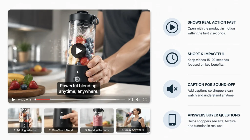 Amazon video module example demonstrating product features with captions and a step-by-step usage preview.