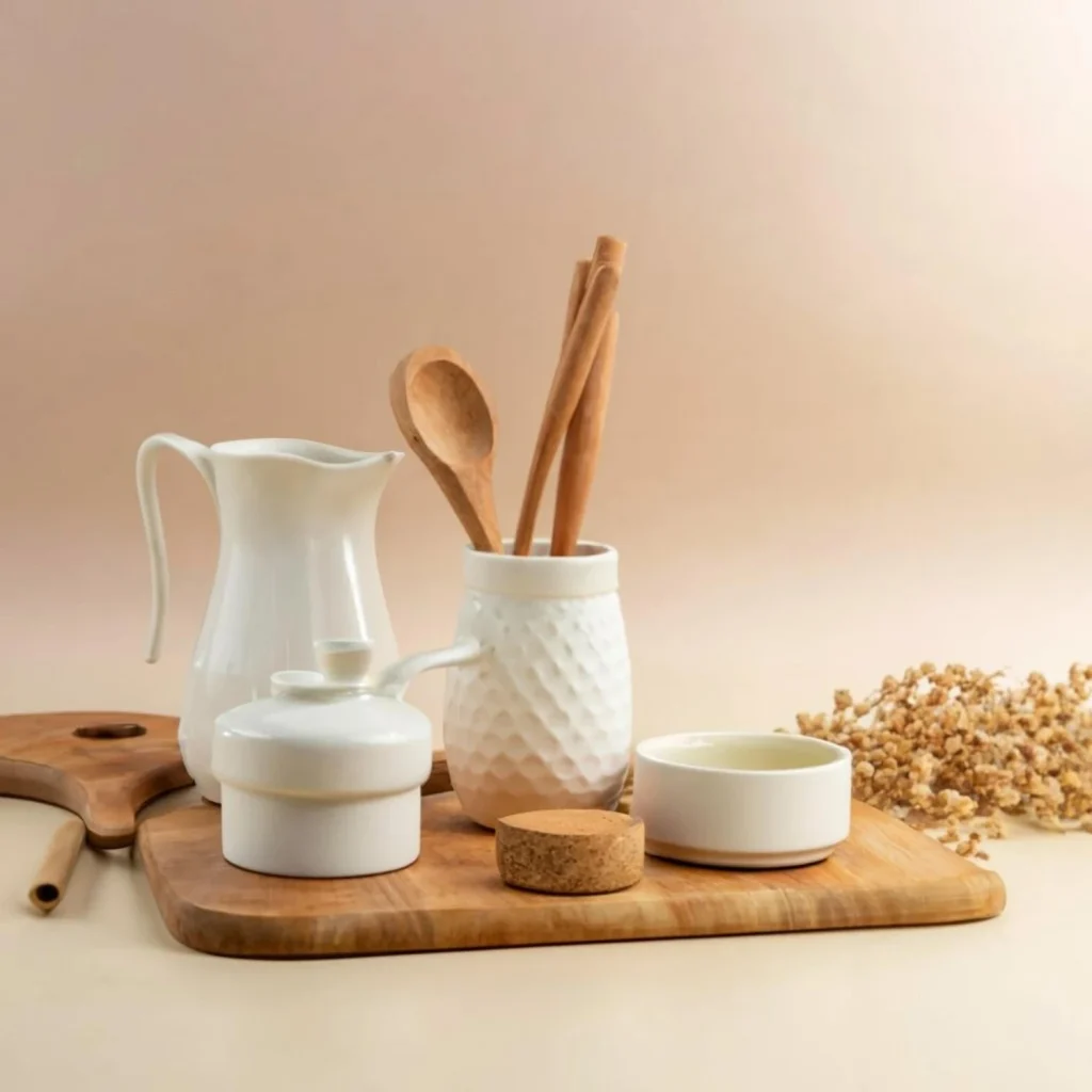 Ceramic kitchenware styled with wooden utensils in a warm, material-led product photography scene.