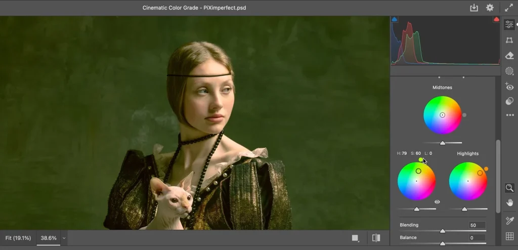 Photoshop color grading controls applying warm tones to a cinematic portrait