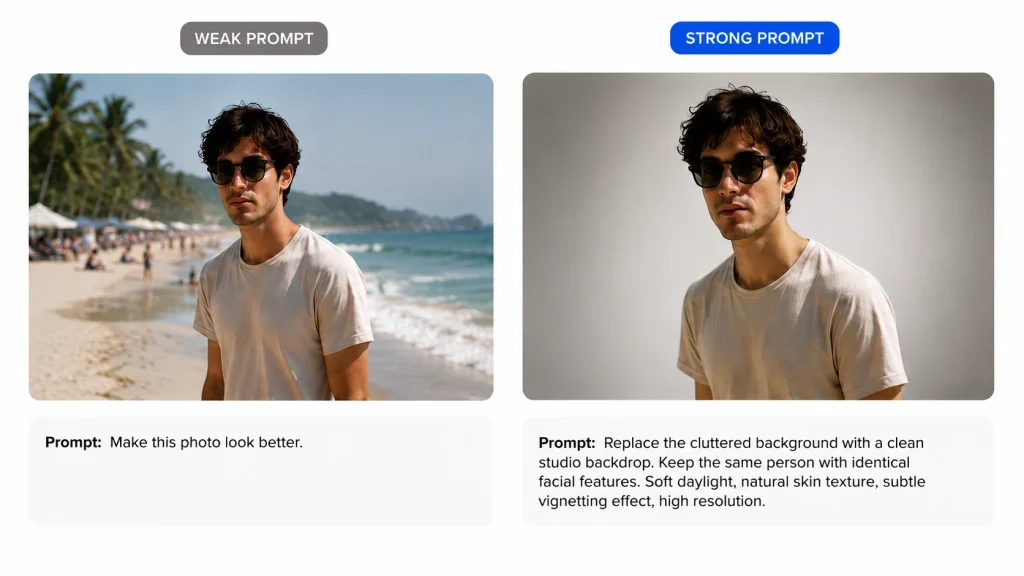 Side-by-side comparison showing the difference between a weak image editing prompt and a detailed prompt for better AI photo editing results in Gemini.