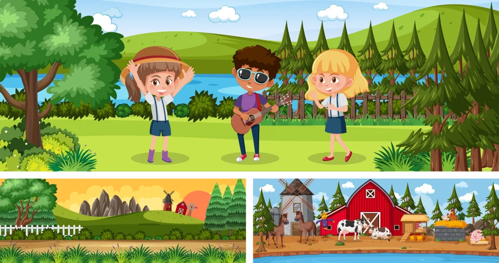 windmill, horses and cows, showing what 2D animation looks like