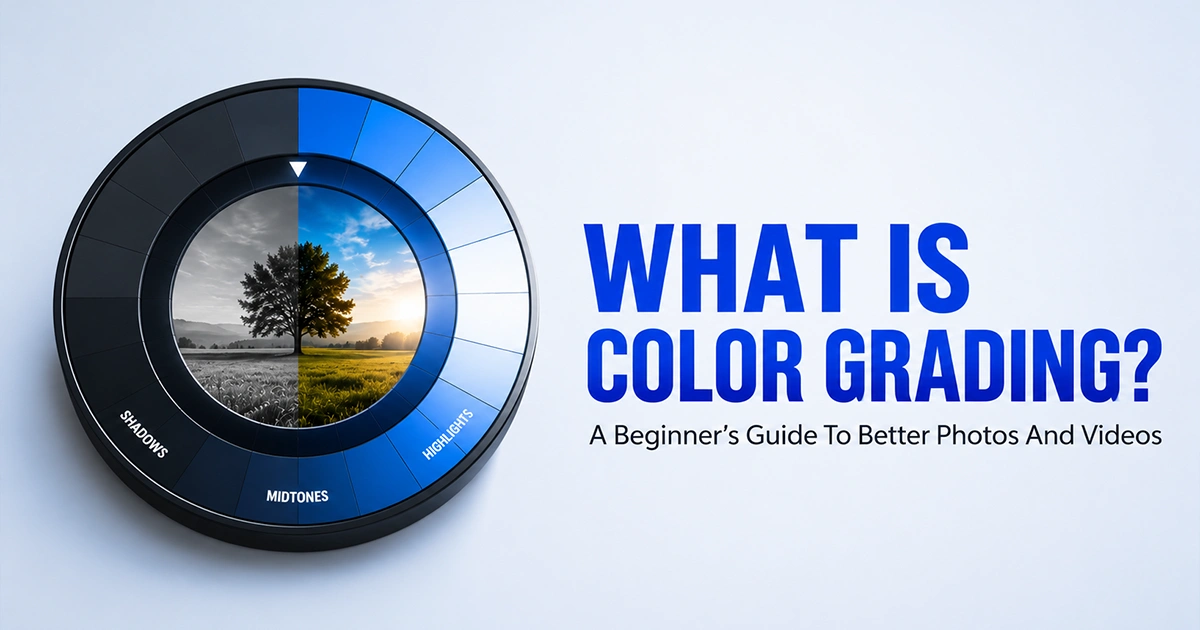 what-is-color-grading-beginners-guide What is color grading? Beginner's guide showing a color wheel dial transforming a black-and-white tree into a vibrant sunlit scene