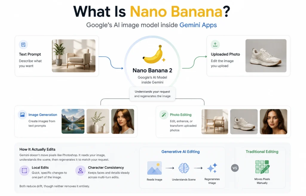 Infographic explaining Google's Nano Banana AI image model in Gemini, including text prompts, image generation, photo editing, and generative AI workflow.