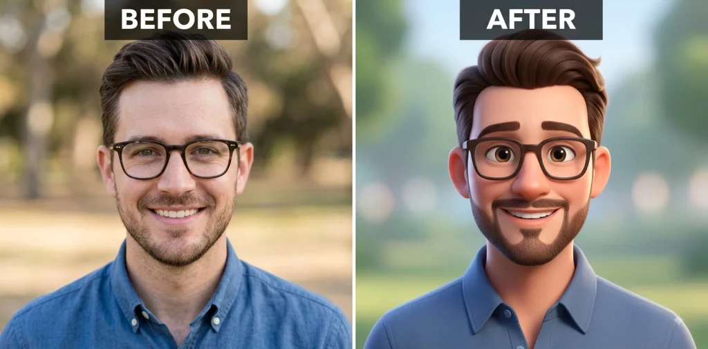 Before and after Gemini prompt transforming a portrait photo into a 3D animated character style