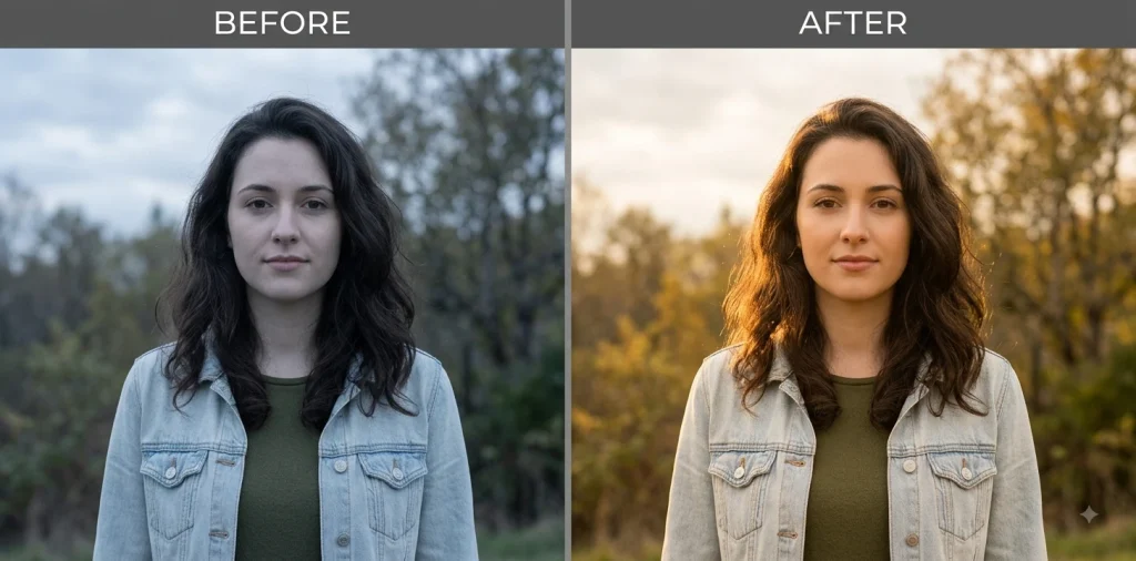Before and after Gemini prompt adding warm golden-hour lighting to an outdoor portrait photo