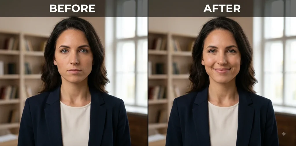Before and after Gemini prompt adding a natural smile to a serious headshot portrait