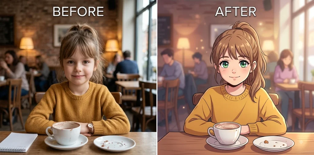 Before and after Gemini prompt converting a child's portrait photo into anime illustration style